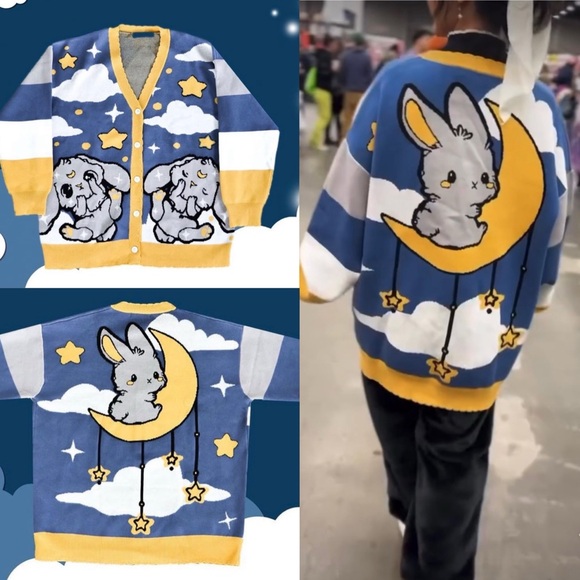 Koko Kuma Sweaters - Koko Kuma Moon Bunny Cardigan Sweater Kawaii Rabbit Chibi Clouds Button Front XL